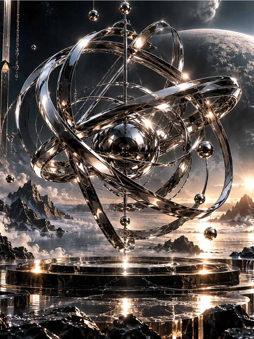 Chrome orbital sculpture suspended in a reflective landscape
